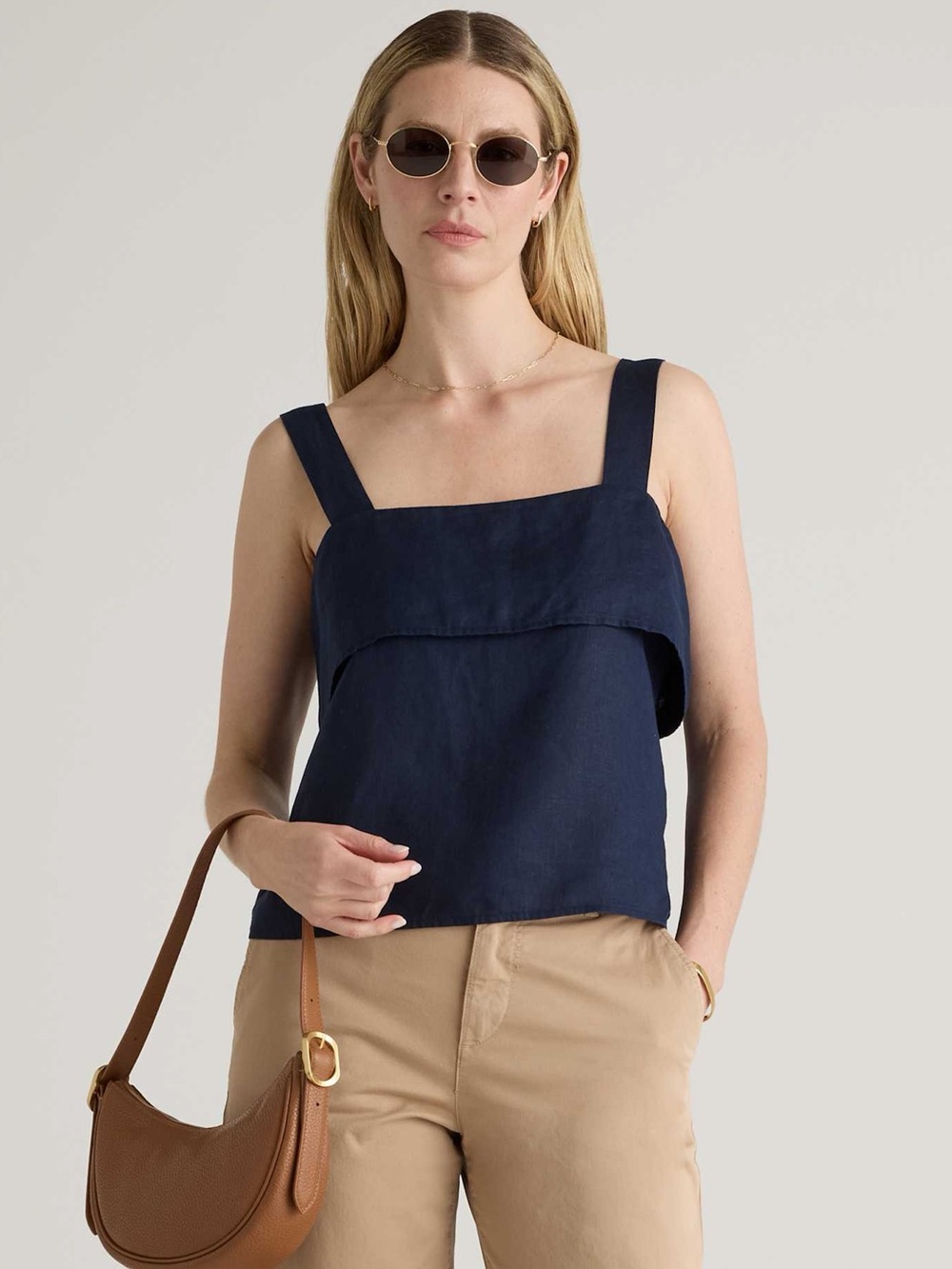 Quince Linen Navy Blue Square Neck Tank Top Size Large 100% Linen Preppy Top